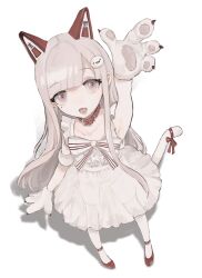 Rule 34 | 1girl, animal ears, animal hands, cat ears, cat paws, cat tail, collar, dress, enimo, flat chest, from above, full body, grey eyes, grey hair, hair ornament, highres, looking at viewer, mole, mole under eye, open mouth, original, panties, red collar, see-through, see-through dress, simple background, smile, solo, tail, thighhighs, underwear, white background, white dress
