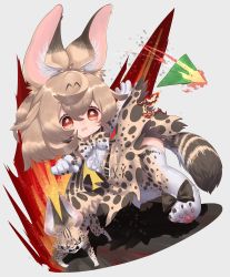 Rule 34 | absurdres, animal, animal ears, belt, bow, bowtie, brown hair, burning, burnt, burnt clothes, chibi, crying, crying with eyes open, elbow gloves, fire, gloves, hair between eyes, high-waist skirt, highres, huge filesize, kemono friends, light brown hair, medium hair, multicolored hair, notora, paper airplane, paw shoes, print bow, print gloves, print neckwear, print skirt, red eyes, serval, serval (kemono friends), serval print, serval tail, shoes, skirt, tail, tears, thighhighs, throwing, two-tone hair