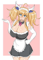 Rule 34 | 1girl, artist request, bare legs, blonde hair, breasts, gloves, highres, huge breasts, long hair, maid, maid headdress, mary janes, onizaki kirara, shiny skin, shoes, simple background, solo, taimanin (series), taimanin rpgx, twintails, white gloves