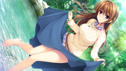 Rule 34 | 1girl, barefoot, blue eyes, blush, brown hair, forest, hayase chitose (pretty x cation), highres, jewelry, lake, long hair, long skirt, looking at viewer, nature, necklace, pretty x cation 2, skirt, smile, solo, upskirt