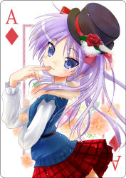 Rule 34 | 00s, ace (playing card), ace of diamonds, blue eyes, card, diamond (shape), duplicate, hair ribbon, hat, hiiragi kagami, lucky star, playing card, porurin (do-desho), purple hair, ribbon, smile, solo, tsurime