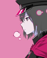 Rule 34 | 1girl, akitsu maru (kancolle), black eyes, black hair, black hat, breath, commentary request, from side, hair between eyes, hat, kantai collection, limited palette, military, military hat, military uniform, pale skin, parted lips, peaked cap, pink background, portrait, profile, short hair, simple background, solo, tomamatto, uniform, upper body