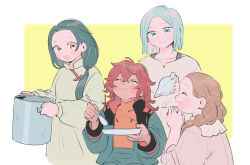 Rule 34 | 1boy, 3girls, aliya mahvash, asticassia school uniform, blue hair, blush, braid, brown hair, closed eyes, closed mouth, commentary, eating, english commentary, green eyes, green hair, gundam, gundam suisei no majo, hair over shoulder, holding, holding cooking pot, holding plate, holding spoon, lilique kadoka lipati, long hair, long sleeves, looking at another, low ponytail, multiple girls, official alternate costume, oneroom-disco, open mouth, pajamas, plate, red hair, school uniform, shirt, short hair, sitting, smile, spoon, suletta mercury, till nys, upper body, white shirt, yellow eyes