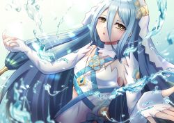 Rule 34 | 1girl, absurdres, azura (fire emblem), bare shoulders, blue hair, blush, dress, fingerless gloves, fire emblem, fire emblem fates, gloves, gradient background, highres, jewelry, long hair, looking at viewer, necklace, nintendo, reia hana, simple background, solo, sunlight, twitter username, veil, very long hair, water, white dress, yellow eyes