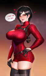 Rule 34 | 1girl, ada wong, badcompzero, black gloves, black hair, black thighhighs, breasts, dress, english text, gloves, grin, hand on own hip, highres, large breasts, light blush, long sleeves, red sweater, resident evil, resident evil 4, resident evil 4 (remake), short hair, smile, solo, speech bubble, standing, sweater, sweater dress, thighhighs