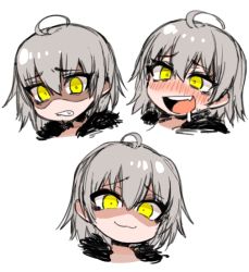 Rule 34 | 1girl, :3, :d, ahoge, blush, chibi, commentary, disgust, drooling, english commentary, expressions, fang, fate/grand order, fate (series), fur trim, grey hair, hair between eyes, j.k., jeanne d&#039;arc (fate), jeanne d&#039;arc alter (avenger) (fate), jeanne d&#039;arc alter (fate), looking at viewer, multiple views, nose blush, open mouth, shaded face, short hair, simple background, smile, smug, sweatdrop, white background, yellow eyes