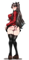Rule 34 | 1girl, absurdres, ass, ass tattoo, back, black hair, blue eyes, blush, breasts, clothes lift, commentary request, condom, fate/stay night, fate (series), full body, gggg, highres, large breasts, long hair, long sleeves, looking at viewer, miniskirt, panties, shoes, simple background, skirt, skirt lift, solo, standing, tattoo, thighhighs, tohsaka rin, tongue, underwear, used condom, white background
