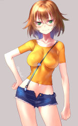 Rule 34 | 1girl, arm at side, between breasts, blush, breasts, closed mouth, collarbone, contrapposto, cowboy shot, cutoffs, glasses, green eyes, grey background, hand on own hip, looking at viewer, medium breasts, navel, open fly, original, raika9, semi-rimless eyewear, shirt, short hair, short shorts, short sleeves, shorts, simple background, skin tight, skirt, smile, standing, suspender skirt, suspenders, taut clothes, taut shirt, thighs, twitter username, unbuttoned, under-rim eyewear, unzipped, yellow-framed eyewear, yellow shirt