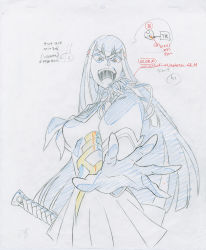 Rule 34 | 10s, 1girl, :d, color trace, dress, highres, katana, key frame, kill la kill, kiryuuin satsuki, laughing, looking down, official art, open mouth, partially colored, production art, promotional art, sailor dress, school uniform, signature, simple background, sketch, skirt, smile, sword, trigger (company), uniform, weapon, white background