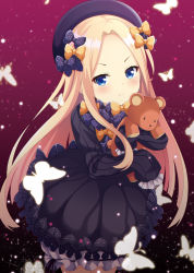 Rule 34 | 1girl, :t, abigail williams (fate), black bow, black dress, black hat, blonde hair, bloomers, blue eyes, blush, bow, bug, butterfly, closed mouth, commentary request, dress, fate/grand order, fate (series), forehead, hair bow, hands in opposite sleeves, hat, hugging object, insect, long hair, long sleeves, looking at viewer, maccha, orange bow, parted bangs, polka dot, polka dot bow, pout, purple background, solo, stuffed animal, stuffed toy, teddy bear, underwear, v-shaped eyebrows, very long hair, white bloomers