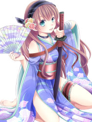Rule 34 | 1girl, barefoot, between breasts, blue kimono, blue sleeves, breasts, brown hair, commentary request, detached sleeves, floral print, flower, folding fan, full body, green eyes, hachipocchi, hair flower, hair ornament, hairband, hand fan, holding, holding sword, holding weapon, hydrangea, ishida mitsunari (sengoku collection), japanese clothes, katana, kimono, looking at viewer, medium breasts, open mouth, pink flower, seiza, sengoku collection, simple background, sitting, solo, sword, weapon, white background, wide sleeves, yellow flower