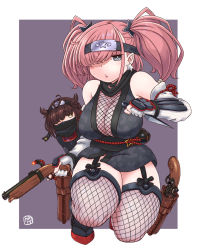 Rule 34 | 2girls, alternate costume, atlanta (kancolle), border, breasts, brown hair, cleavage, commentary request, fishnet legwear, fishnets, forehead protector, fukidamari no peke, full body, garter straps, gauntlets, grey background, grey eyes, gun, hair flaps, hair over one eye, hatsuzuki (kancolle), highres, japanese clothes, kantai collection, kunai, large breasts, long hair, looking at viewer, mask, mouth mask, multiple girls, ninja, ninja mask, short hair, solo focus, thighhighs, two-tone background, two side up, weapon, weapon request, white border, yellow eyes