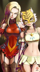 Rule 34 | 10s, 2girls, absurdres, bad id, bad pixiv id, bare shoulders, black hair, black legwear, blonde hair, blue eyes, breasts, brown eyes, closed mouth, garter straps, highres, kanchiyo, large breasts, long hair, looking at viewer, medium breasts, miss x (tiger mask), multiple girls, navel, parted lips, photoshop (medium), smile, spring tiger, takaoka haruna, thighhighs, tiger mask (object), tiger mask w
