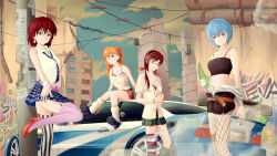 Rule 34 | 4girls, ;p, against wall, arms behind back, asymmetrical legwear, ayanami rei, belt, blue eyes, bmw, bmw 3 series, bmw e46, bmw m3, bmw m3 gtr, bracelet, breasts, brown hair, building, camisole, car, city, cleavage, cloud, collared shirt, crop top, cross, cross earrings, detached collar, earrings, expressionless, facial mark, fishnets, garter straps, girlfriend of steel, glasses, graffiti, hair over shoulder, hair ribbon, hairband, high heels, highres, jewelry, kirishima mana, kneehighs, leg up, leg warmers, light smile, long hair, low twintails, makinami mari illustrious, midriff, miniskirt, mismatched legwear, most wanted, motor vehicle, multiple girls, nail polish, navel, necktie, need for speed, need for speed: most wanted (2005), need for speed most wanted, neon genesis evangelion, neon genesis evangelion: iron maiden, nfs, off shoulder, one eye closed, orange hair, own hands together, plaid, plaid skirt, pleated skirt, polka dot, power lines, red-framed eyewear, red eyes, ribbon, ruins, sachiel (evangelion), shirt, shoes, short sleeves, sitting, skirt, sky, skyscraper, sleeveless, sleeveless shirt, small breasts, smile, socks, sorandia, souryuu asuka langley, standing, steam, striped clothes, striped legwear, striped thighhighs, thighhighs, tongue, tongue out, twintails, two side up, uneven legwear, vehicle, vertical-striped clothes, vertical-striped legwear, vertical-striped thighhighs, watch, wristwatch