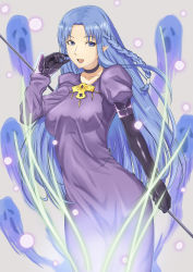 Rule 34 | 1girl, absurdres, asymmetrical sleeves, black gloves, blue eyes, blue hair, braid, breasts, commentary request, dress, elbow gloves, fate/grand order, fate (series), ghost, gloves, grey background, highres, holding, holding staff, large breasts, lipstick, long dress, long hair, looking at viewer, magic, makeup, medea (fate), open mouth, pixiv fate/grand order contest 1, pointy ears, puffy short sleeves, puffy sleeves, purple dress, purple lips, short sleeves, side braid, solo, staff, stock-world, uneven sleeves, very long hair