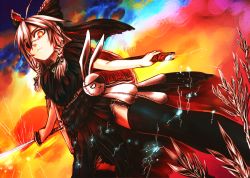Rule 34 | 1girl, ahoge, belt, black dress, black thighhighs, braid, closed mouth, commentary request, dress, dutch angle, glowing, glowing eyes, grass, hair ribbon, highres, holding, holding sword, holding weapon, katana, kotoba noriaki, legs apart, long hair, looking at viewer, multicolored sky, original, pink hair, ribbon, scabbard, scar, sheath, sky, solo, sparkle, standing, stuffed animal, stuffed rabbit, stuffed toy, sword, thighhighs, twin braids, very long hair, weapon, traditional youkai