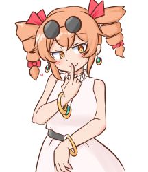 Rule 34 | 1girl, bangle, bare shoulders, blush, bow, bracelet, dress, drill hair, earrings, eyewear on head, finger to mouth, hair bow, jewelry, looking at viewer, mizusoba, no headwear, no jacket, orange eyes, ring, round eyewear, sleeveless, sleeveless dress, smile, solo, sunglasses, touhou, twin drills, white background, white dress, yorigami jo&#039;on