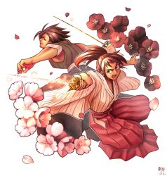 Rule 34 | &gt;:o, 2boys, bad id, bad pixiv id, brown hair, fighting stance, flower, japanese clothes, katana, male focus, multiple boys, original, petals, ponytail, sword, v-shaped eyebrows, waraimasuka, weapon, white background, wide sleeves
