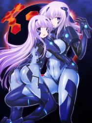 Rule 34 | 2girls, :o, armor, ass, asymmetrical docking, black background, blue eyes, blue legwear, bodysuit, breast press, breasts, commentary request, covered navel, cryska barchenowa, fortified suit, gauntlets, groin, headset, hug, inia sestina, large breasts, long hair, multiple girls, muv-luv, muv-luv alternative, muv-luv total eclipse, official art, oukasirayami, purple hair, skin tight, standing, very long hair
