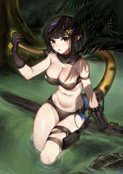 Rule 34 | 1girl, absurdres, animal, arknights, arm strap, arm support, bandeau, bare arms, bare shoulders, belt pouch, black gloves, black hair, black panties, blue hairband, breasts, brown eyes, cleavage, commentary, crocodile, crocodilian, day, eunectes (arknights), gloves, hairband, hand up, highres, large breasts, leg belt, looking at viewer, molyb, navel, outdoors, panties, parted lips, pointy ears, pouch, scarf, short hair, sitting, snake tail, solo, stomach, strapless, tail, thigh strap, thighs, torn clothes, tube top, underwear, water, wetland, yellow eyes