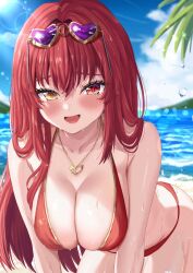 Rule 34 | 1girl, bare shoulders, beach, bikini, blush, breasts, cleavage, collarbone, day, eyewear on head, heart, heart necklace, heterochromia, highres, hololive, houshou marine, houshou marine (summer), jewelry, kazama (akki12), large breasts, long hair, looking at viewer, necklace, open mouth, outdoors, red bikini, red eyes, red hair, smile, solo, straight hair, swimsuit, virtual youtuber, yellow eyes