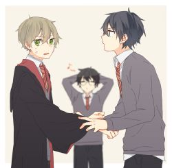 Rule 34 | 3boys, aged down, arms up, black hair, black robe, brown hair, glasses, green eyes, gryffindor, harry potter (series), harry potter and the prisoner of azkaban, hogwarts school uniform, james potter, multiple boys, musical note, necktie, remus lupin, robe, school uniform, short hair, sirius black, spoken musical note, striped neckwear, wizarding world