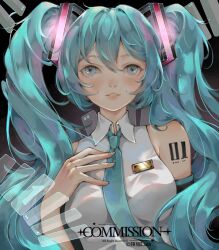 Rule 34 | 1girl, artist name, bare shoulders, black background, black sleeves, blue eyes, blue hair, blue necktie, chinese commentary, collared shirt, commentary request, commission, detached sleeves, fingernails, glowing, gradient background, hair ornament, hand on own chest, hatsune miku, highres, instrument, keyboard (instrument), lajiao lala, light blush, long hair, looking at viewer, name tag, necktie, number tattoo, parted lips, pink lips, procreate (medium), shirt, shoulder tattoo, simple background, smile, solo, straight-on, tattoo, teeth, twintails, upper body, vocaloid, watermark, white shirt