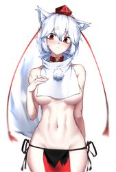 Rule 34 | 1641 (chfhrtor94), 1girl, adapted costume, animal ears, bare shoulders, blush, breast curtain, breasts, closed mouth, commentary, cowboy shot, groin, hat, highres, inubashiri momiji, loincloth, looking to the side, medium breasts, navel, pelvic curtain, pom pom (clothes), red eyes, short hair, side-tie bottom, simple background, solo, tail, thick eyebrows, tokin hat, touhou, white background, white hair, wolf ears, wolf tail