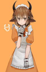 Rule 34 | 1boy, :&lt;, alternate costume, animal ears, apron, arknights, artist name, bison (arknights), blush, brown eyes, brown hair, closed mouth, commentary request, cow boy, cow ears, cow horns, crossdressing, dress, enmaided, frilled apron, frills, gloves, hair between eyes, hand up, highres, horns, looking at viewer, maid, maid apron, moribe denkou, neck ribbon, orange background, orange dress, orange ribbon, puffy short sleeves, puffy sleeves, ribbon, short hair, short sleeves, signature, simple background, solo, twitter username, white apron, white gloves