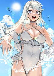 Rule 34 | 1girl, akagi kurage, asymmetrical bangs, bad id, bad twitter id, blue sky, breasts, casual one-piece swimsuit, cloud, commentary request, cowboy shot, flower, frilled swimsuit, frills, grey hair, hair flower, hair ornament, hairband, highleg, highleg swimsuit, highres, kantai collection, long hair, medium breasts, official alternate costume, one-piece swimsuit, purple eyes, sagiri (kancolle), shawl, side-tie swimsuit, sky, smile, solo, splashing, swept bangs, swimsuit, white one-piece swimsuit, white shawl