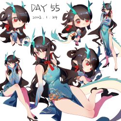 Rule 34 | 1girl, arknights, arm support, bare shoulders, black footwear, black hair, blue dress, blush, closed mouth, dated, dragon girl, dragon horns, dragon tail, dress, dusk (arknights), dusk (everything is a miracle) (arknights), hair over one eye, high heels, highres, horns, indai (3330425), long hair, multiple views, official alternate costume, parted lips, pelvic curtain, pointy ears, red eyes, shoes, simple background, sleeveless, sleeveless dress, tail, very long hair, white background