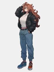 Rule 34 | 1girl, android 21, asymmetrical footwear, belt, breasts, brown hair, dragon ball, dragon ball fighterz, earrings, full body, glasses, hand in pocket, hoop earrings, jewelry, kemachiku, large breasts, long hair, long sleeves, messy hair, midriff peek, pants, red ribbon army, shirt, shoes, simple background, solo, standing, white shirt