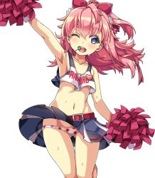 Rule 34 | 1girl, arm up, armpits, azur lane, badge, belt, blue eyes, blue skirt, candy, cheering, cheerleader, clothes writing, collarbone, commentary request, crop top, crop top overhang, eyebrows, flat chest, food, food in mouth, food print, hair ribbon, heart, highres, holding, holding pom poms, lollipop, long hair, looking at viewer, macaroni hourensou, midriff, miniskirt, navel, one eye closed, open mouth, panties, pink hair, pleated skirt, pom pom (cheerleading), pom poms, print panties, radford (azur lane), red ribbon, ribbon, shirt, skirt, sleeveless, sleeveless shirt, smile, solo, strawberry panties, strawberry print, sweat, thick eyebrows, underwear