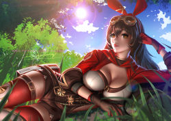Rule 34 | 1girl, alternate breast size, amber (genshin impact), breasts, brown eyes, brown gloves, brown hair, brown shorts, cleavage, day, genshin impact, gloves, goggles, goggles on head, hair between eyes, large breasts, liang xing, lips, long hair, looking at viewer, lying, on side, outdoors, red thighhighs, short shorts, shorts, shrug (clothing), solo, thighhighs