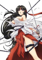 Rule 34 | 1girl, artist request, black hair, bound, breasts, chain, female focus, hakama, hakama skirt, headband, holding, holding sword, holding weapon, japanese clothes, katana, kensei-miko tomoe, large breasts, legs apart, long hair, low-tied long hair, miko, no bra, no panties, open mouth, purple eyes, queen&#039;s blade, red hakama, ribbon-trimmed sleeves, ribbon trim, simple background, skirt, solo, standing, sword, thigh strap, tomoe (queen&#039;s blade), tomoe (queen's blade), torn clothes, very long hair, weapon, white background