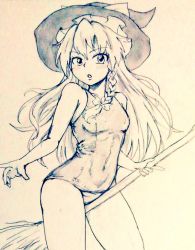 Rule 34 | 1girl, :o, braid, breasts, broom, commentary request, contrapposto, covered navel, cowboy shot, d-m (dii emu), eyelashes, frilled hat, frills, greyscale, hat, holding, holding broom, horns, kirisame marisa, long hair, looking at viewer, monochrome, old school swimsuit, one-piece swimsuit, school swimsuit, side braid, swimsuit, touhou, traditional media, witch hat
