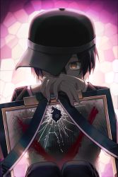 Rule 34 | 1boy, 50k v3, ahoge, black hair, black hat, black pants, broken glass, brown eyes, buttons, commentary request, covered mouth, danganronpa (series), danganronpa v3: killing harmony, glass, gloves, hat, holding, iei, jacket, long sleeves, male focus, pants, pink background, saihara shuichi, short hair, solo, striped clothes, striped jacket, white background, x