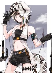 Rule 34 | 1girl, animal ear fluff, animal ears, arknights, armband, armpits, bandeau, bare shoulders, bare tree, black bandeau, black gloves, black hair, black shorts, breasts, cabbie hat, checkered clothes, checkered headwear, cliffheart (arknights), closed mouth, cloud, collarbone, commentary request, cowboy shot, gloves, grappling hook, grey eyes, grey sky, hair between eyes, hands up, hat, highres, holding, holding rope, jewelry, leopard ears, leopard girl, leopard tail, looking at viewer, material growth, midriff, multicolored hair, navel, necklace, oripathy lesion (arknights), partial commentary, rope, short hair, short shorts, shorts, sidelocks, sky, sleeveless duster, small breasts, smile, snow, solo, standing, tail, tree, two-tone hair, underbust, white background, white hair, white hat, yotamaru