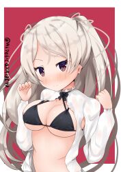 Rule 34 | 1girl, armpit cutout, black bra, blush, bra, breasts, brown eyes, clothing cutout, conte di cavour (kancolle), corset, dress, frilled dress, frills, grey dress, grey hair, highres, kantai collection, large breasts, long hair, looking at viewer, nakatsurugi (kasegawa makase), red background, smile, solo, twitter username, two-tone dress, two side up, underwear, upper body, white background, white dress