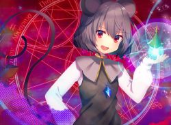 Rule 34 | 1girl, :d, animal ears, bad id, bad twitter id, basket, bishamonten&#039;s pagoda, blush, capelet, glowing, grey hair, hand on own hip, highres, jewelry, koto seori, long sleeves, looking at viewer, mouse (animal), mouse ears, mouse tail, nazrin, open mouth, pendant, puffy long sleeves, puffy sleeves, red eyes, smile, solo, tail, touhou, upper body