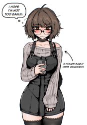 Rule 34 | 1girl, :s, ahoge, aki (snale), black choker, black dress, black thighhighs, blush, brown eyes, brown hair, cellphone, choker, collarbone, dress, english text, glasses, grey sweater, highres, looking at viewer, messy hair, off-shoulder sweater, off shoulder, original, over-rim eyewear, phone, pinafore dress, semi-rimless eyewear, short hair, single bare shoulder, skirt, sleeveless dress, sleeves past wrists, smartphone, snale, solo, straight-on, sweater, thighhighs, thighs, thought bubble, white background