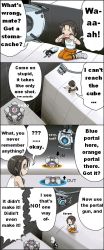 Rule 34 | 1girl, 4koma, aged down, alternate language, aperture science handheld portal device, chell, comic, crying, hard-translated, portal, portal (series), portal 1, portal 2, third-party edit, translated, uotapo, aperture science weighted companion cube, wheatley