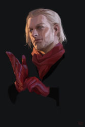 Rule 34 | 1boy, adjusting clothes, adjusting gloves, artist name, blending, blue eyes, closed mouth, facial hair, gloves, highres, long sleeves, male focus, mature male, medium hair, metal gear (series), metal gear solid v: the phantom pain, mullet, realistic, red gloves, red scarf, revolver ocelot, riense, scarf, simple background, smile, solo, upper body, white hair