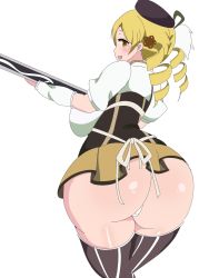 Rule 34 | 1girl, artist request, ass, blonde hair, blush, breasts, corset, curvy, drill hair, from behind, gun, hat, highres, huge ass, huge breasts, long hair, looking at viewer, looking back, magical girl, mahou shoujo madoka magica, miniskirt, musket, open mouth, rifle, shiny skin, sideboob, skirt, smile, solo, thighhighs, thong, tomoe mami, tomoe mami (magical girl), twin drills, weapon, wide hips, yellow eyes