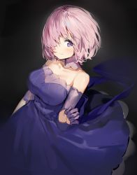 Rule 34 | 1girl, bare shoulders, black background, blush, breasts, cleavage, collarbone, commentary, dress, fate/grand order, fate (series), gloves, hair over one eye, highres, large breasts, light purple hair, looking at viewer, mash kyrielight, mash kyrielight (chaldea dinnertime), official alternate costume, pink hair, purple dress, purple eyes, purple gloves, short hair, silver (chenwen), smile, solo, strapless, strapless dress, symbol-only commentary