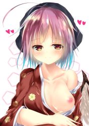 Rule 34 | 1girl, animal ears, breasts, breasts out, clothes down, feathered wings, floral print, head scarf, heart, heart-shaped pupils, japanese clothes, light smile, looking at viewer, mikage000, mikagemaru (mikage000), mystia lorelei, nipples, okamisty, pink hair, short hair, solo, symbol-shaped pupils, tasuki, touhou, wings