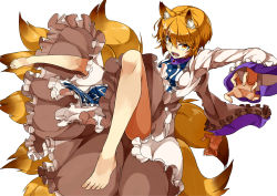 Rule 34 | 1girl, animal ears, barefoot, blonde hair, fox ears, fox tail, hide448, legs, midair, multiple tails, no headwear, open mouth, skirt, slit pupils, solo, tail, touhou, white background, yakumo ran, yellow eyes