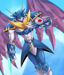 absurdres arm_blade armor baltarbd belt black_belt blue_armor blue_gloves blue_skin claws colored_skin digimon digimon_(creature) dragon_wings energy_blade fingernails gloves gold_armor gold_trim grey_armor hand_up highres horns long_fingernails looking_at_viewer multicolored_armor pauldrons purple_wings red_eyes sharp_fingernails shoulder_armor solo torn_wings ulforcev-dramon waist_cape weapon wings