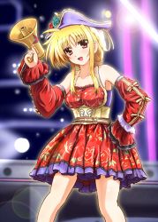 Rule 34 | 00s, 1girl, alternate hairstyle, bare shoulders, belt, blonde hair, blush, buckle, detached sleeves, diesel-turbo, dress, fate testarossa, hat, lens flare, lyrical nanoha, mahou shoujo lyrical nanoha strikers, mizuki nana, open mouth, puffy sleeves, red eyes, voice actor connection, solo