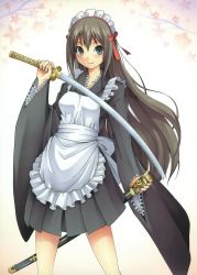 Rule 34 | 1girl, absurdres, combat maid, highres, holding, holding sword, holding weapon, katana, long hair, maid, maid headdress, ribbon, smile, solo, sword, taiyou, wa maid, weapon